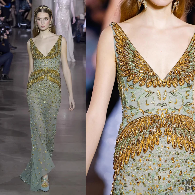 

L303 Customized V Neck Glod Beaded With Green Sexy Mermaid فساتين السهرة vestidos de fiesta فساتين سهره вечерние платья