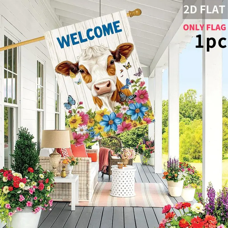 2D FLAT 1pc Double-Sided Garden flag Cow Face With Flowers And Butterflies 28x40 Inch Polyester(Pole
