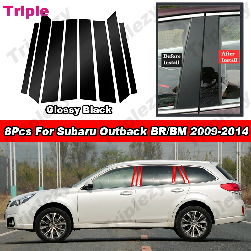 8Pcs Glossy Piano Black/Carbon Fiber PC Material Pillar Post Cover Door Trim Window Stickers For Subaru Outback BR BM 2009-2014