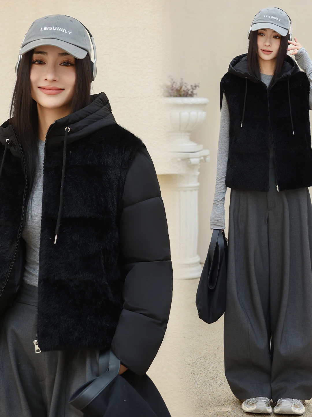 Thickened Plush Hooded Cotton Vest Women's Autumn Winter Jacket Zipper Detachable Sleeves Korean Style Warm Polyester Filling