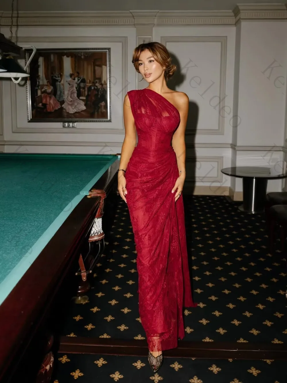 Customized Sexy One Shoulder Straight Evening Gowns with Sleeveless Lace High Slit Pleated Trailing Cocktail Party Prom Dresses