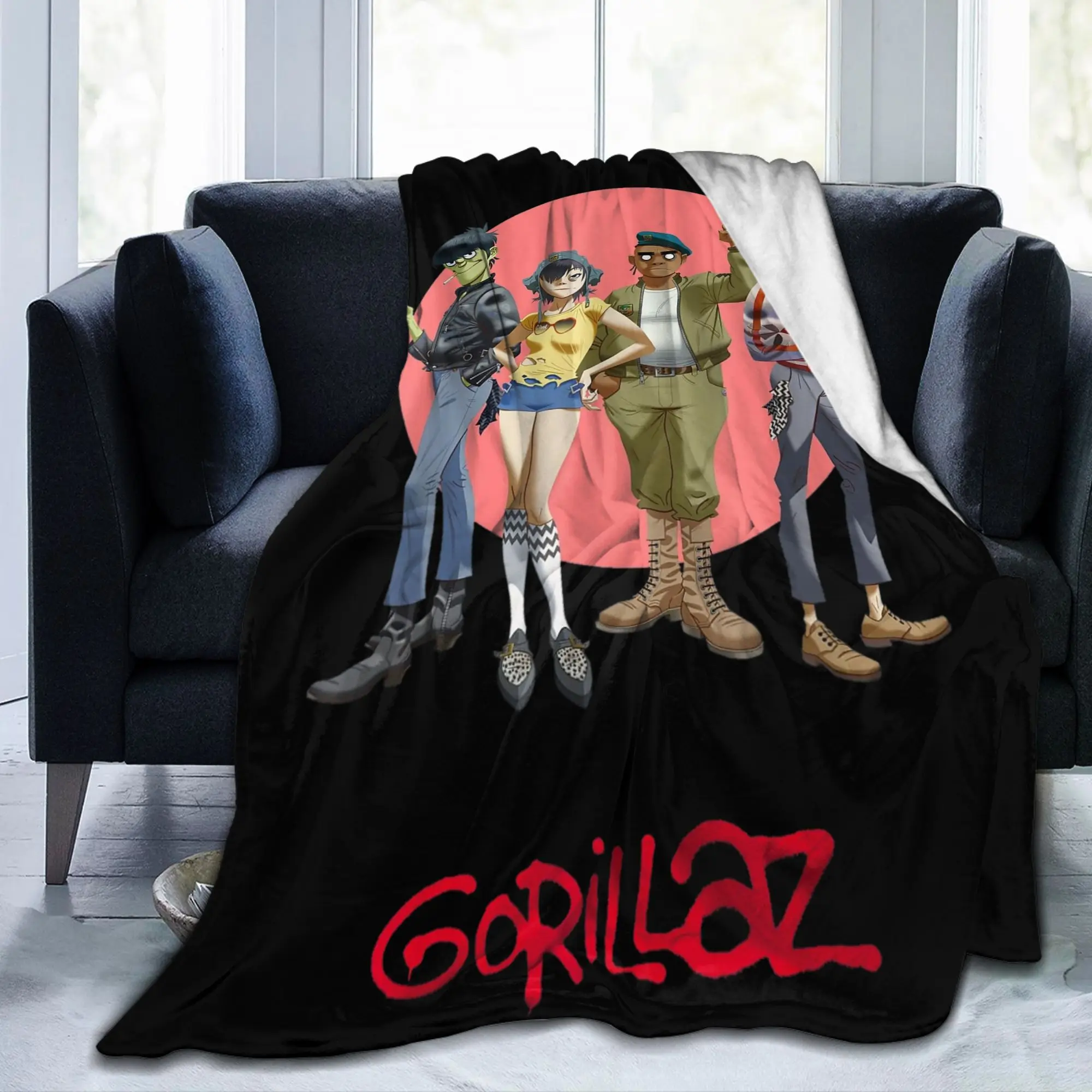 Gorillaz Group Circle Rise Blankets Flannel Print Music Band Punk Rock 90s Y2K Multi-function Soft Throw Blankets for Bedspreads