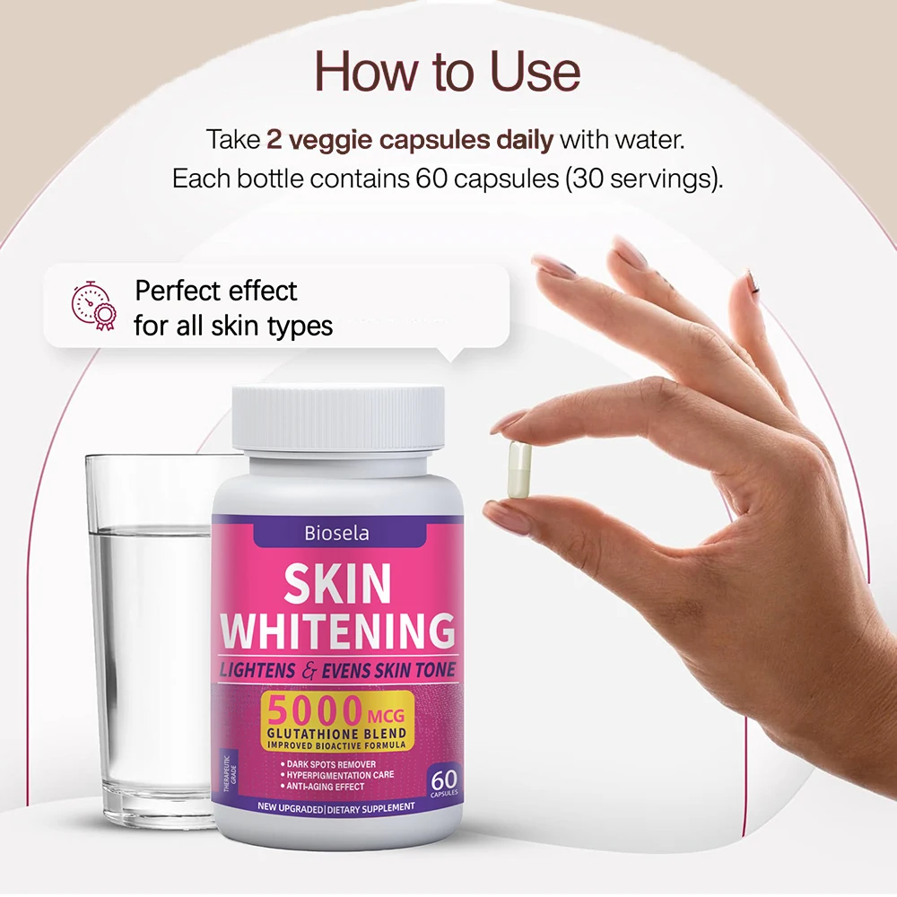 مكمل غذائي الجلوتاثيون 5000 مللي جرام مع فيتامين C- محسن لون البشرة للبقع الداكنة وحب الشباب المضادات للأكسدة القوية 60 كبسولة نباتية