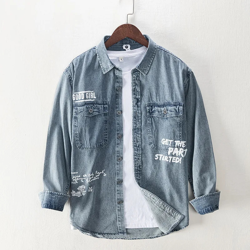 

Japanese retro denim long-sleeved shirt men's casual loose shirt jacket tops men's clothing