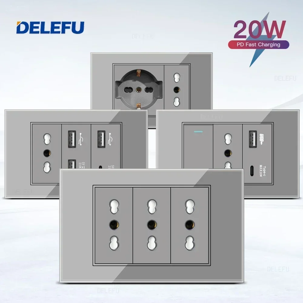 DELEFU Grey Tempered Glass Italian Standard German-Italian Socket USB Type C Wall Socket Switch Satellite TV Phone CAT5 CAT6