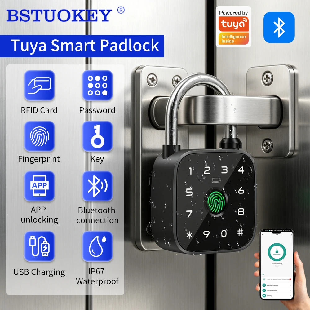 Support Tuya App Intelligent Digital Padlock Remote Unlock 300 Users Fingerprint RFID Code Lock Aluminum Alloy Storage Padlock