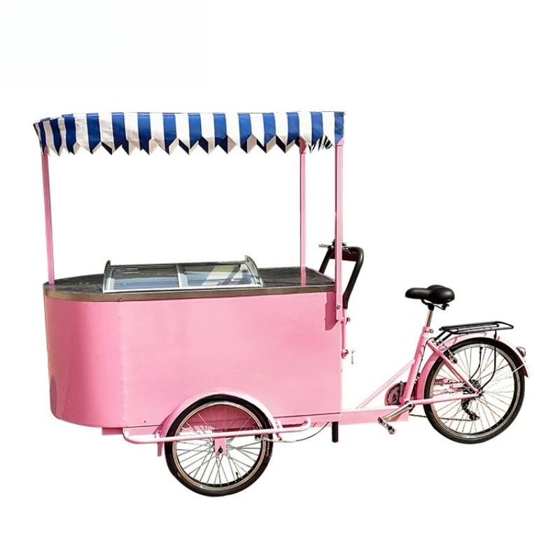 Pink Ice Cream Cart Street View Mobile Cold Drinks Dessert Cart Tricycle Reverse Donkey Bicycle