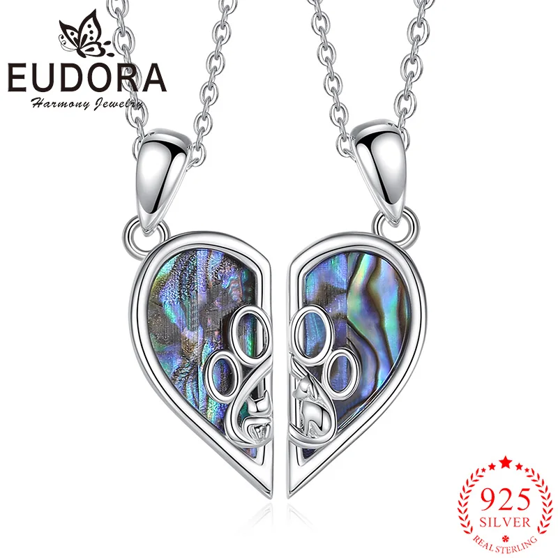 Eudora 925 Sterling Silver Cat  Dog Necklace Abalone Shell Friendship Necklace for 2 Pcs/ Set Women's Gifts For Best Friends