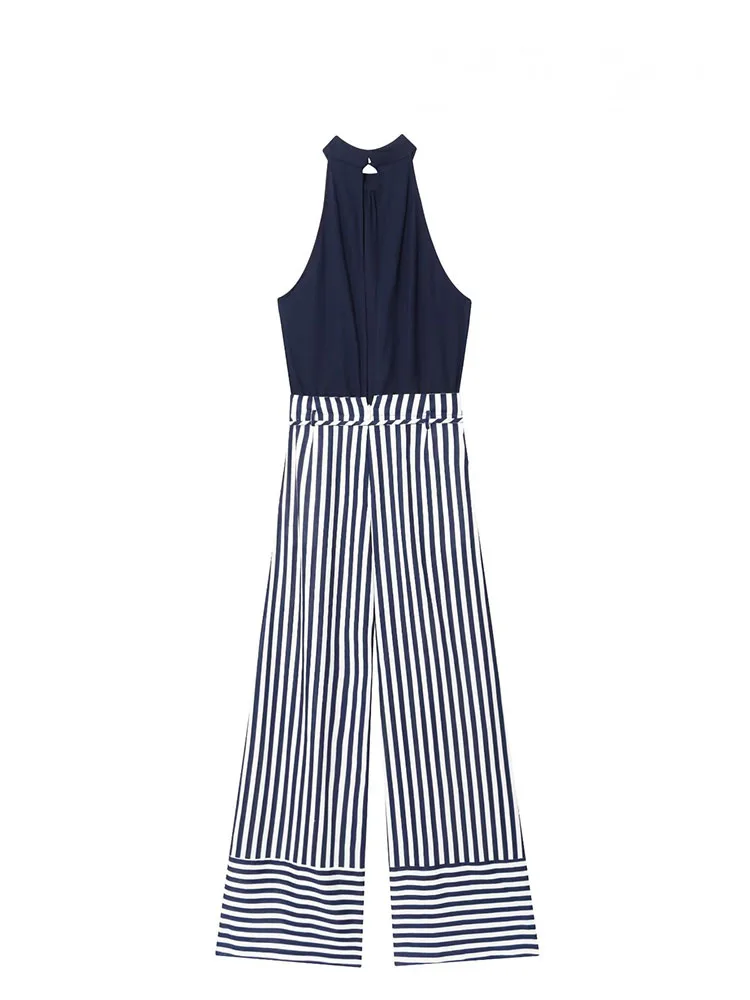 HH Women Autumn Fashion Crew Neck Belt Decoration Striped Jumpsuit Female Pockets Back Hollow Zipper Sleeveless Jumpsuit