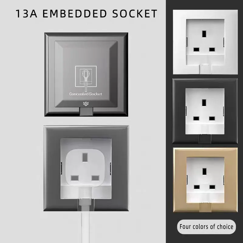 UK Plug 13A Recessed socket panel with hidden waterproof plug and built-in Type 86 refrigerator invisible wall 220V socket