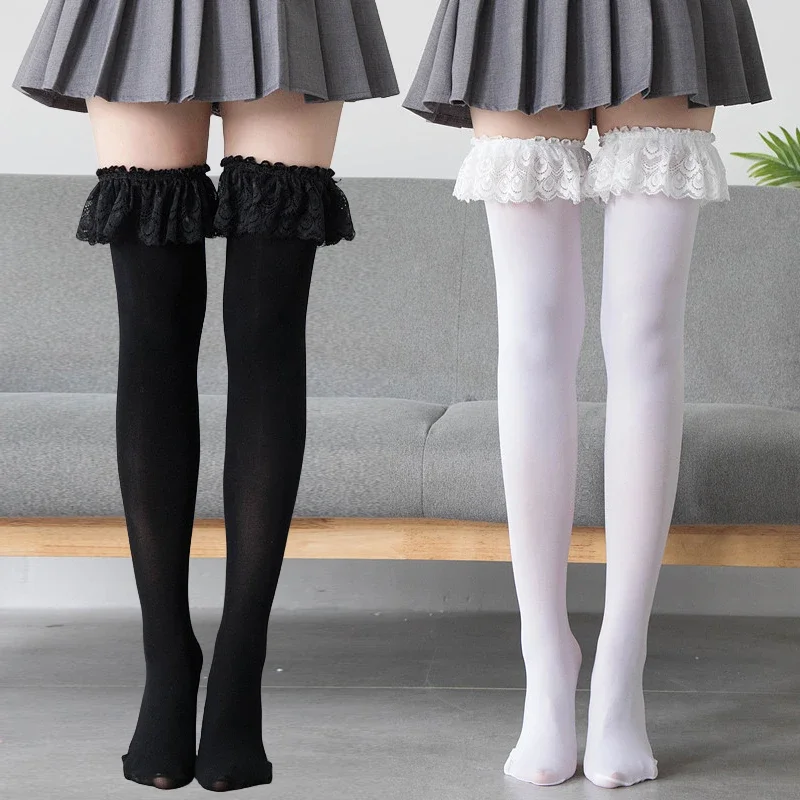 Japanese Lolita Style Female Stockings with Big Lace Edge Falbala Velvet Cute Female Overknee High Tube Socks for Women Girls