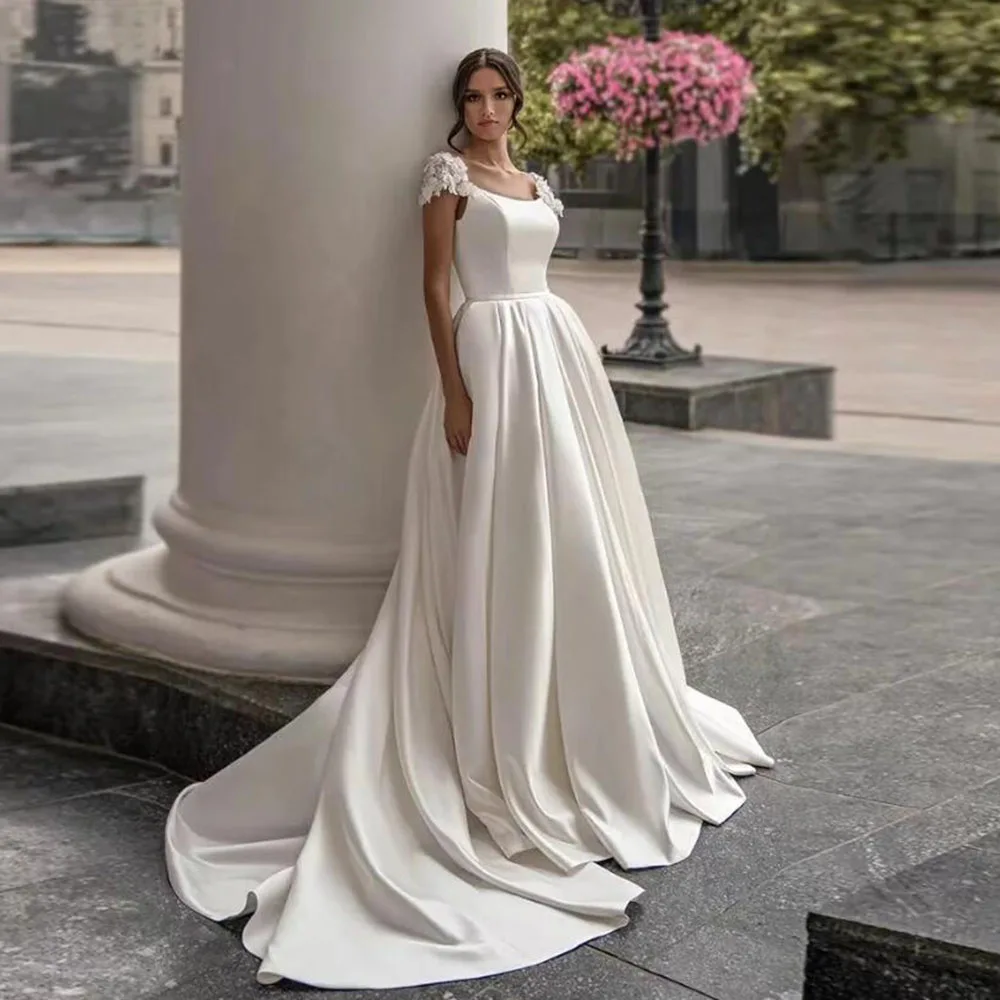 Simple Satin Wedding Dress For Bride Cap Sleeve Lace Flowers Customized Women A Line Bridal Gowns Plus Size Robe De Mairee 2025