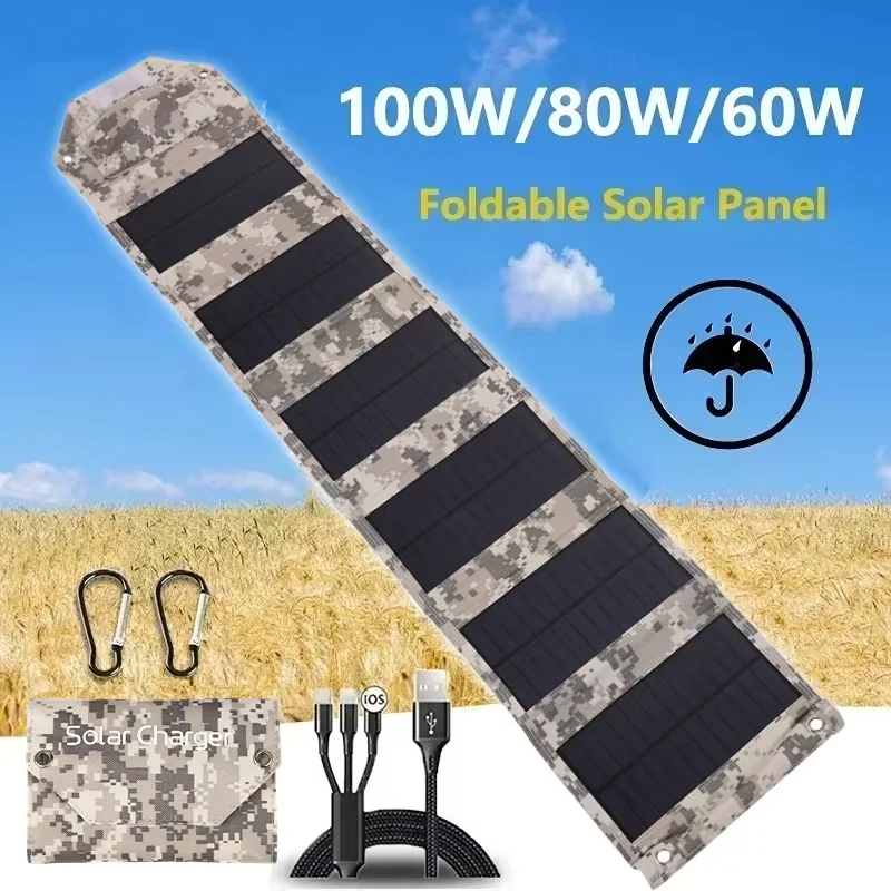 60W/80W/100W faltbares Solarpanel USB 5V Solarladegerät Tragbare Solarbatterie-Powerbank für Outdoor-Camping Wandern + Kabel