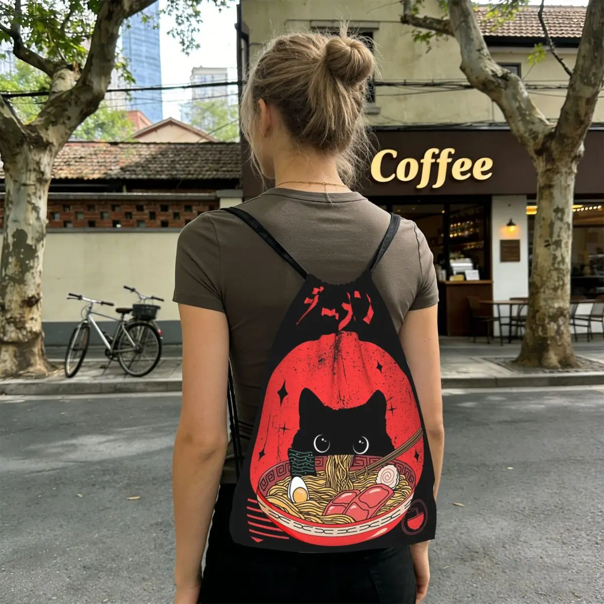 An Adorable Cat Relishing A Bowl Of Ramen Backpacks Multi-function Drawstring Bags Storage Bag Book Bags for Man Woman School