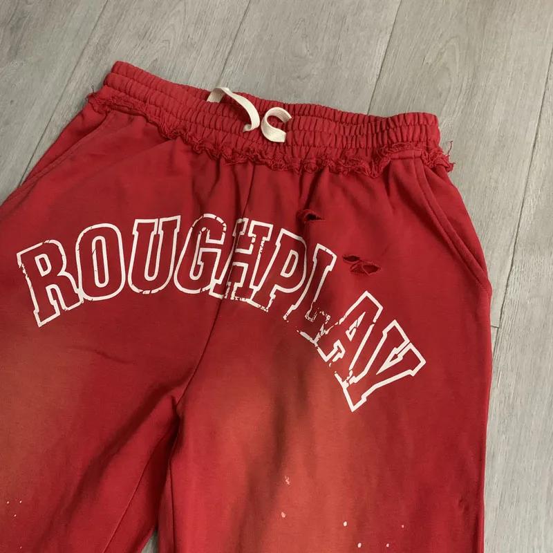 American Spliced Wide Leg Rough Play Pants Grey Spray Dirty Distressed Letter Print Drawstring Casual Sweatpants Men Women