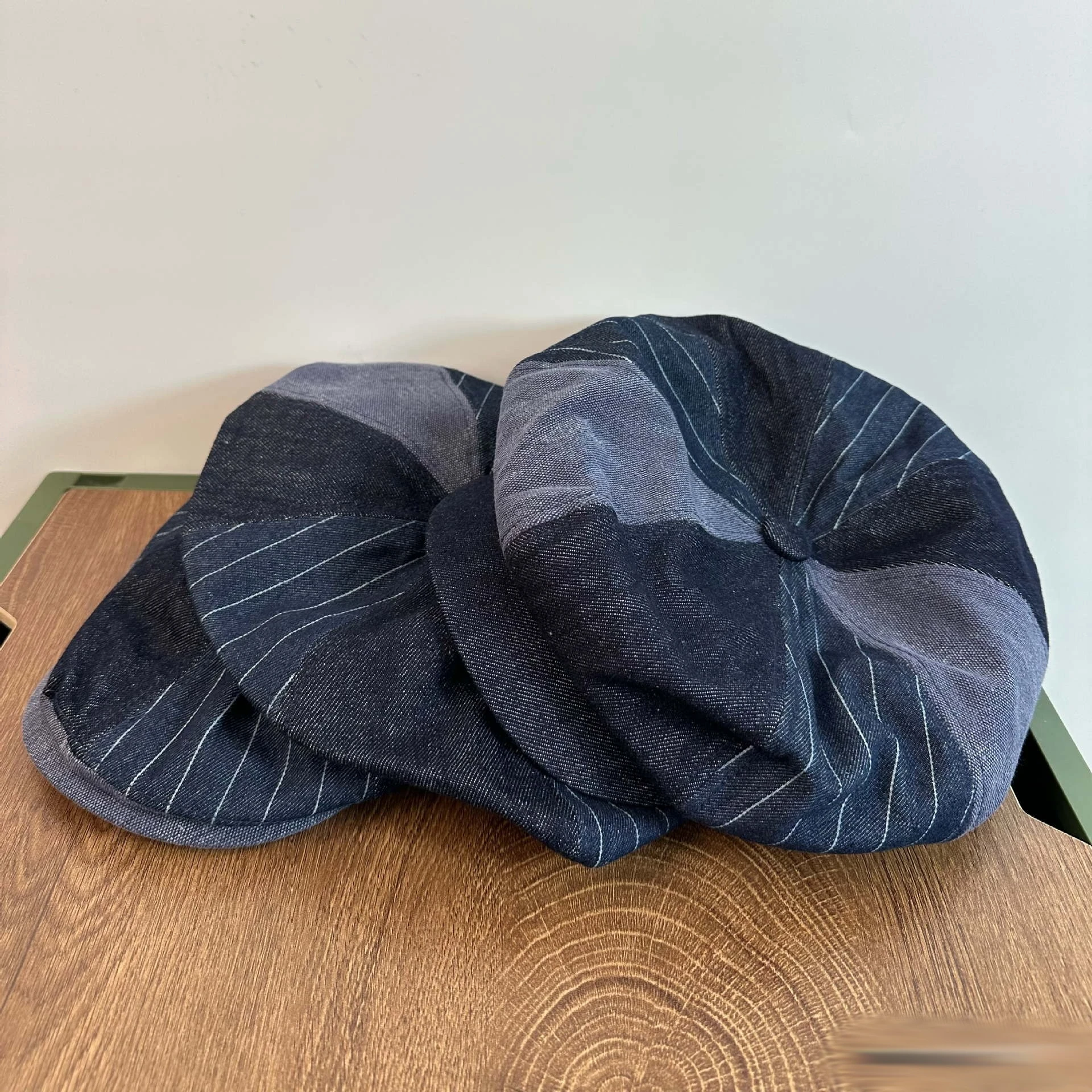 Japanese Retro Washed Striped Denim Newsboy Cap, Unisex Spring Autumn British Style Outdoor Sun Visor Flat Cap