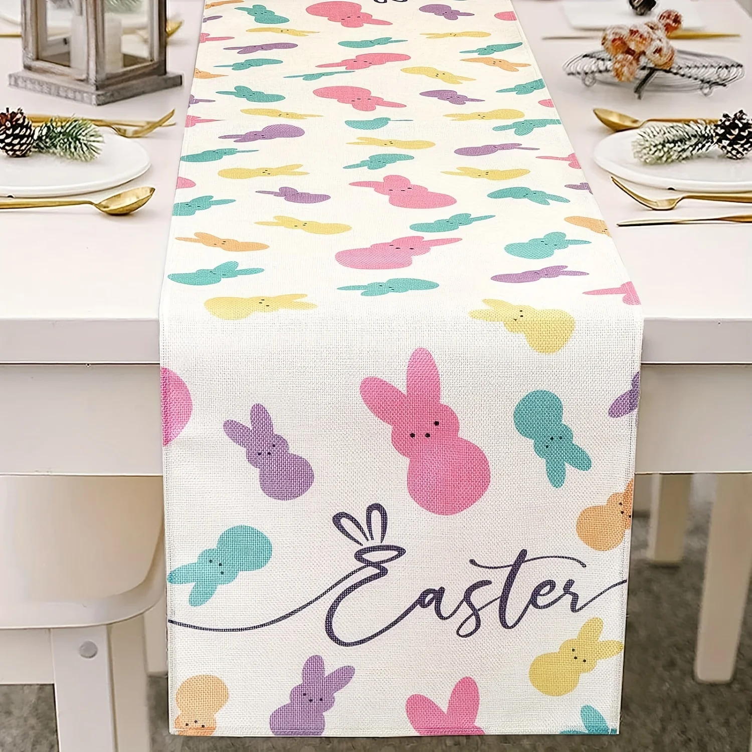 1 Piece of Happy Easter Themed Tablecloth with Egg and Rabbit Print, Table Decorations for Indoor, Outdoor, and Home Party Decorations