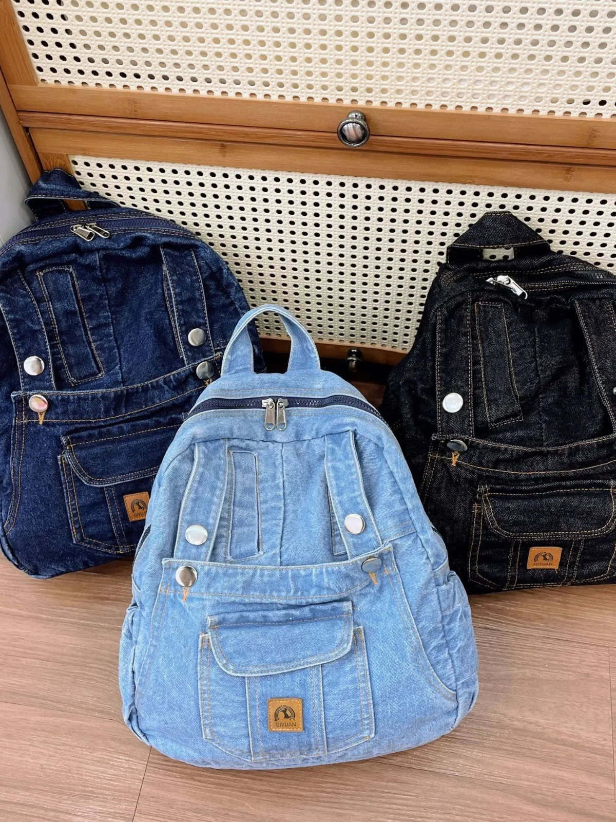 Vintage Denim Backpack Overalls Design Large Capacity Multi Pocket School Bag Casual Travel Daypack