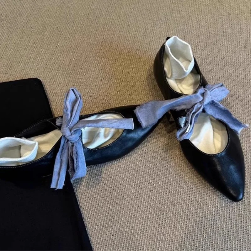 

2025 Spring New Genuine Leather French Women's Mary Jane Shoes Pointed Toe Low Heel Bowknot Elegant Shallow Ballet Ladies Shoes