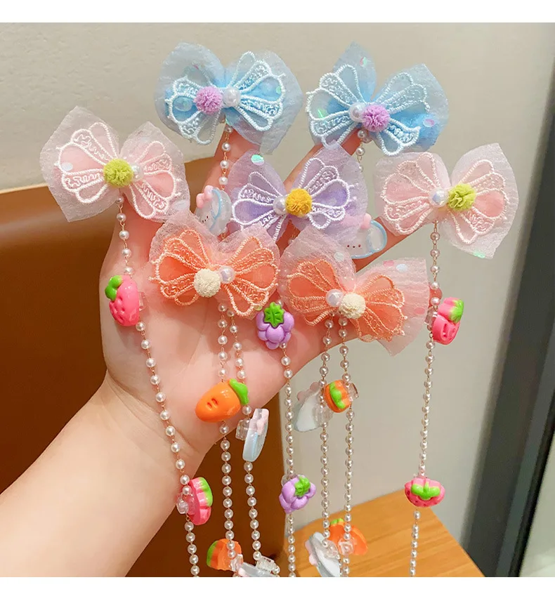 Colorful flowers children braided hair chain pearl tassel hairpin cute baby girl princess fruit braided hair accessories gift