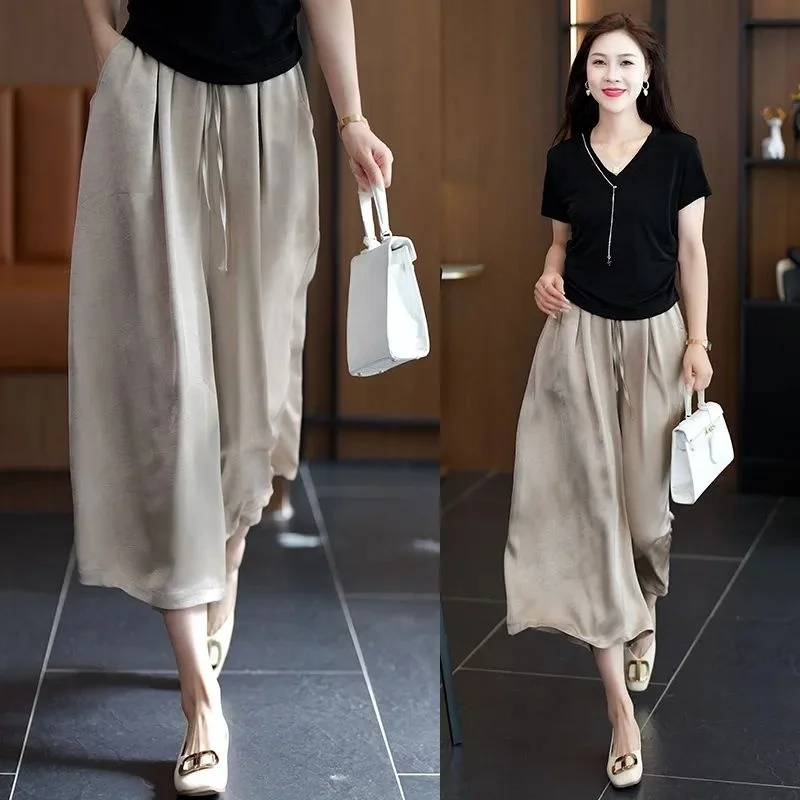 

Охлаждающие брюки из ледяного шелка, летние, тонкие, с V-образным вырезом, с высокой талией, утягивающие, больших размеров, повседневные, в корейском стиле, для города