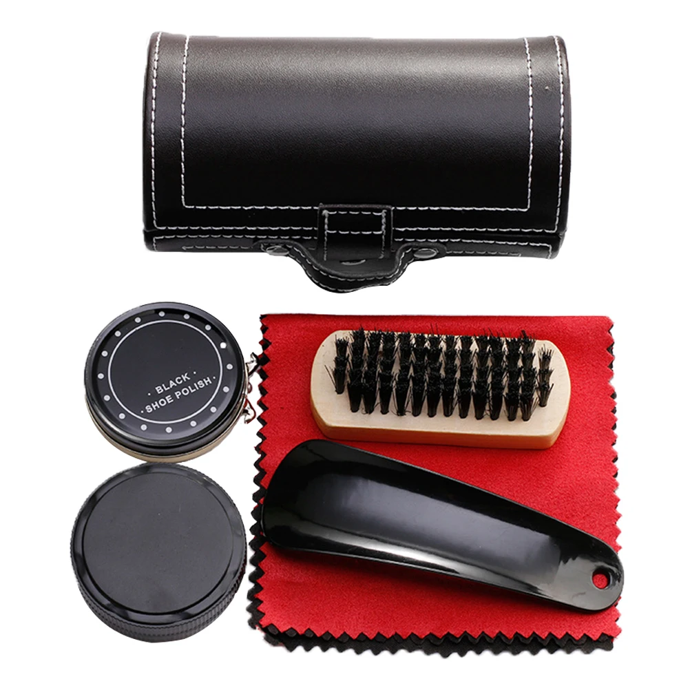 

1 Set Shine Kit Compact Shoe Cleaning Set Travel Portable Shoes Polish Kit For Men Wedding Gift Shoe Brush Cloth Horn Included