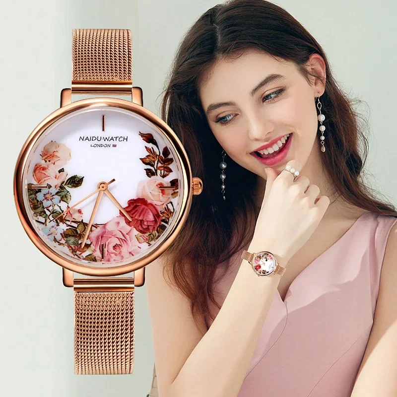 Flower Pattern Vintage Womans Watches Large Dial Stainless Steel Mesh Band Large Dial Quartz Watches Fashion Business Bracelet