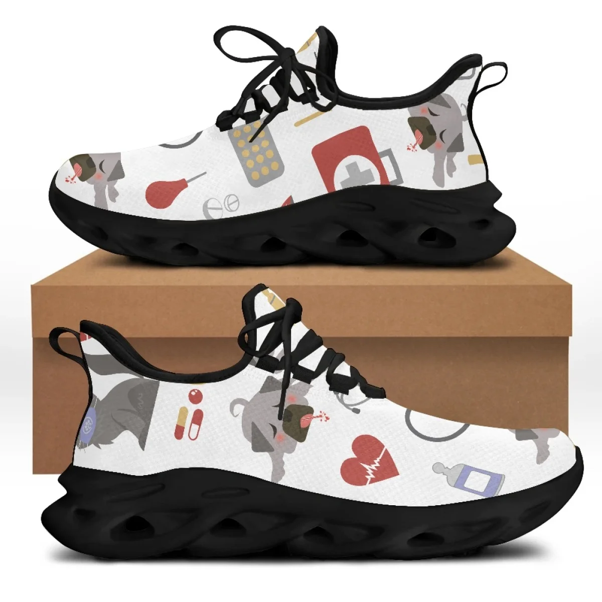 Yikeluo Medical Equipment Cartoon Dog Design Mesh Swing Sneakers Casual Lightweight Platform Shoes for Women Lace up Footwear