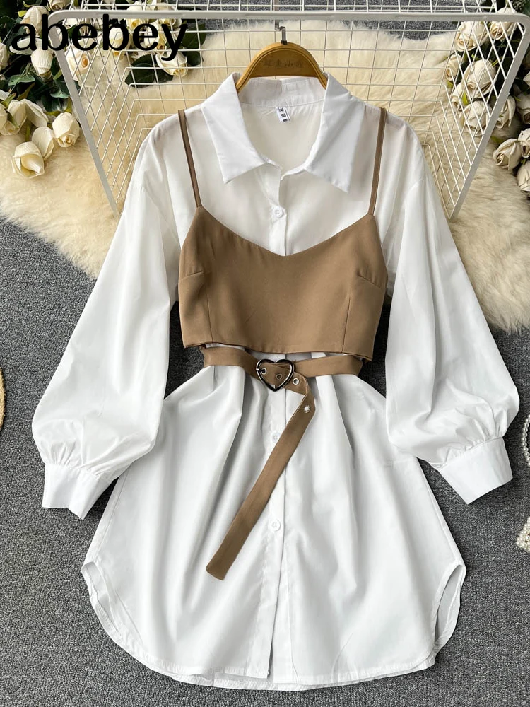 2022 Iregular  Autumn Two Pieces Suits Senior Shirt Short Dress+MIni Camis Suits 2022 Women Spliced Autumn Sets