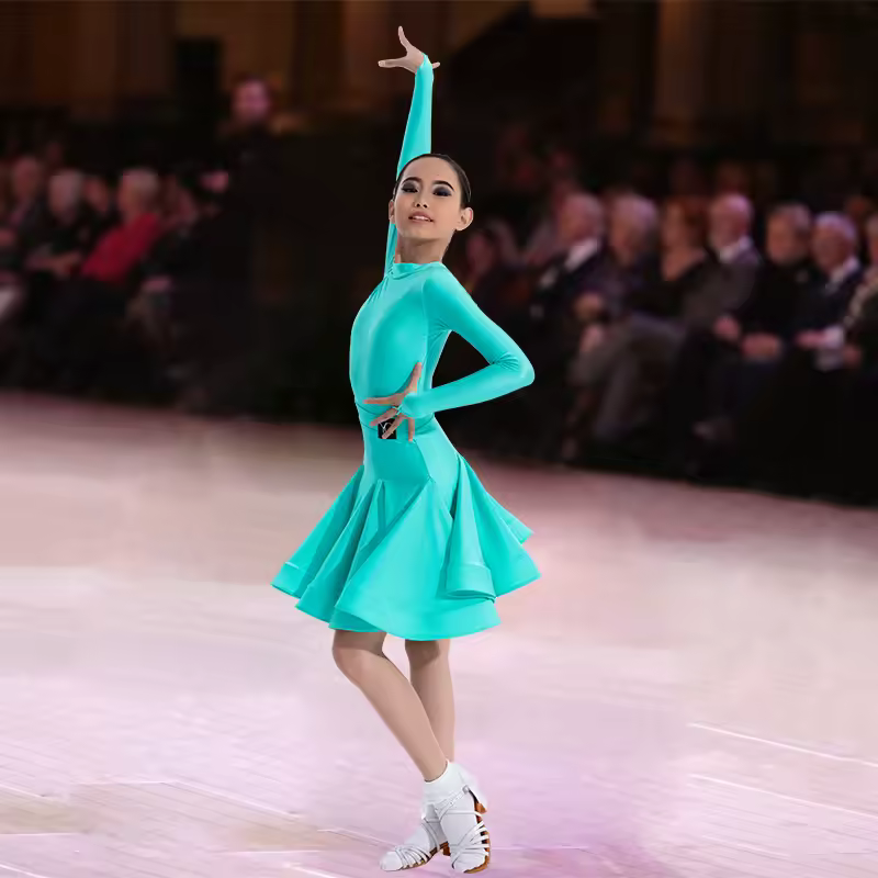 Girls Latin Dance Competition Clothing Glossy Fabric Long Sleeves Dance Dress Kids Cha Rumba Dance Practice Training Wear - Image 18