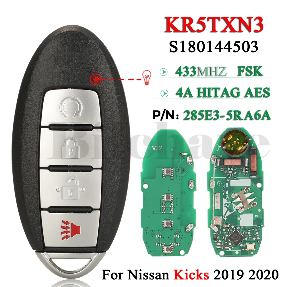 

jingyuqin 4 Buttons S180144503 KR5TXN3 Smart Remret Key for NISSAN Kicks 2019 2020 433MHz 4A HITAG AES Chip 285E3-5RA6A