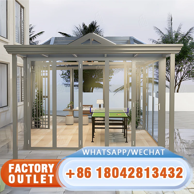 Outdoor Sunroom Screen House With LED Lights Patio Hardtop Gazebo China Manufacturing Metal Gazebo Popular Style Hardtop Hardtop