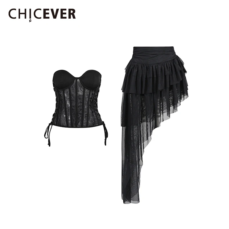 

CHICEVER черный комплект из двух предметов с оборками, женский жилет без рукавов в форме сердца, прозрачные женские комплекты с юбкой нестандартной формы, новинка моды