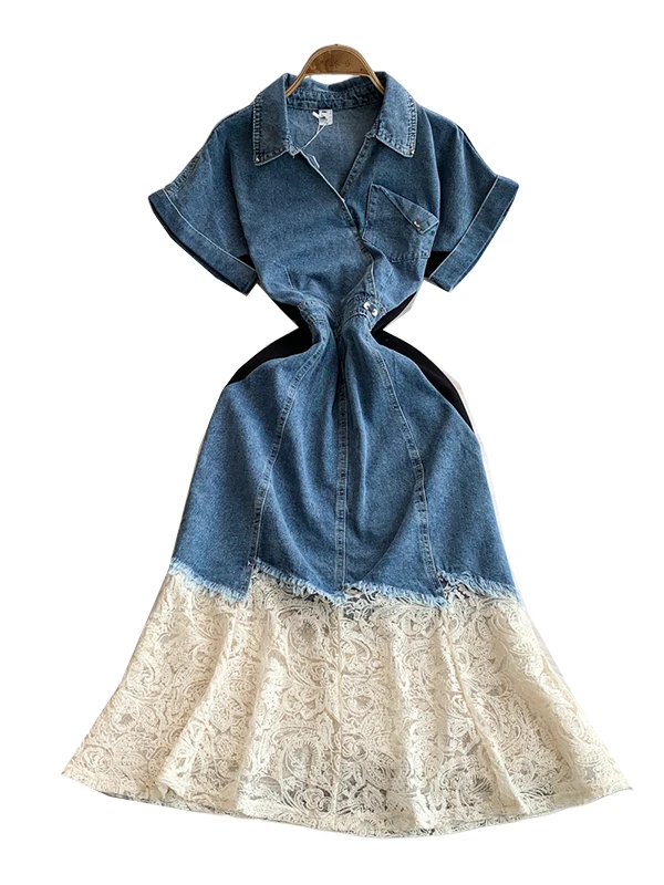레트로 홍콩 스타일 데님 칼라 반팔 여성 드레스 하이웨이스트 레이스 스플라이스 슬림핏 피쉬테일 스커트 한국 버전