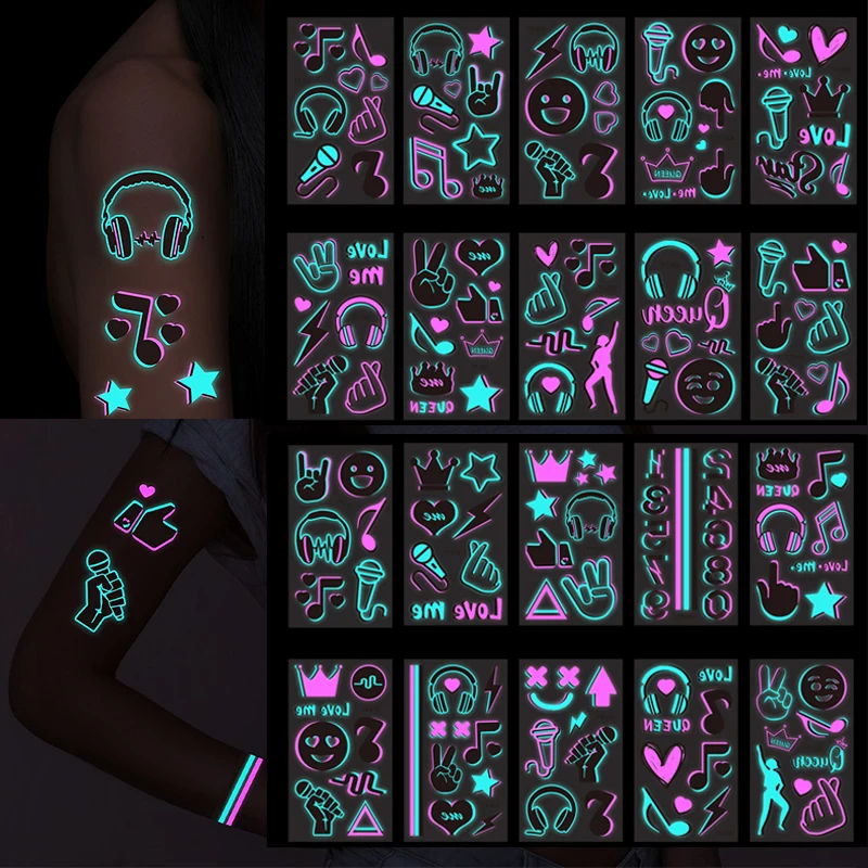 Luminous Music Festival Tattoo Glowing Dance Party Sticker Temporary Waterproof Tattoos Music Note/headset Art Skin Stickers