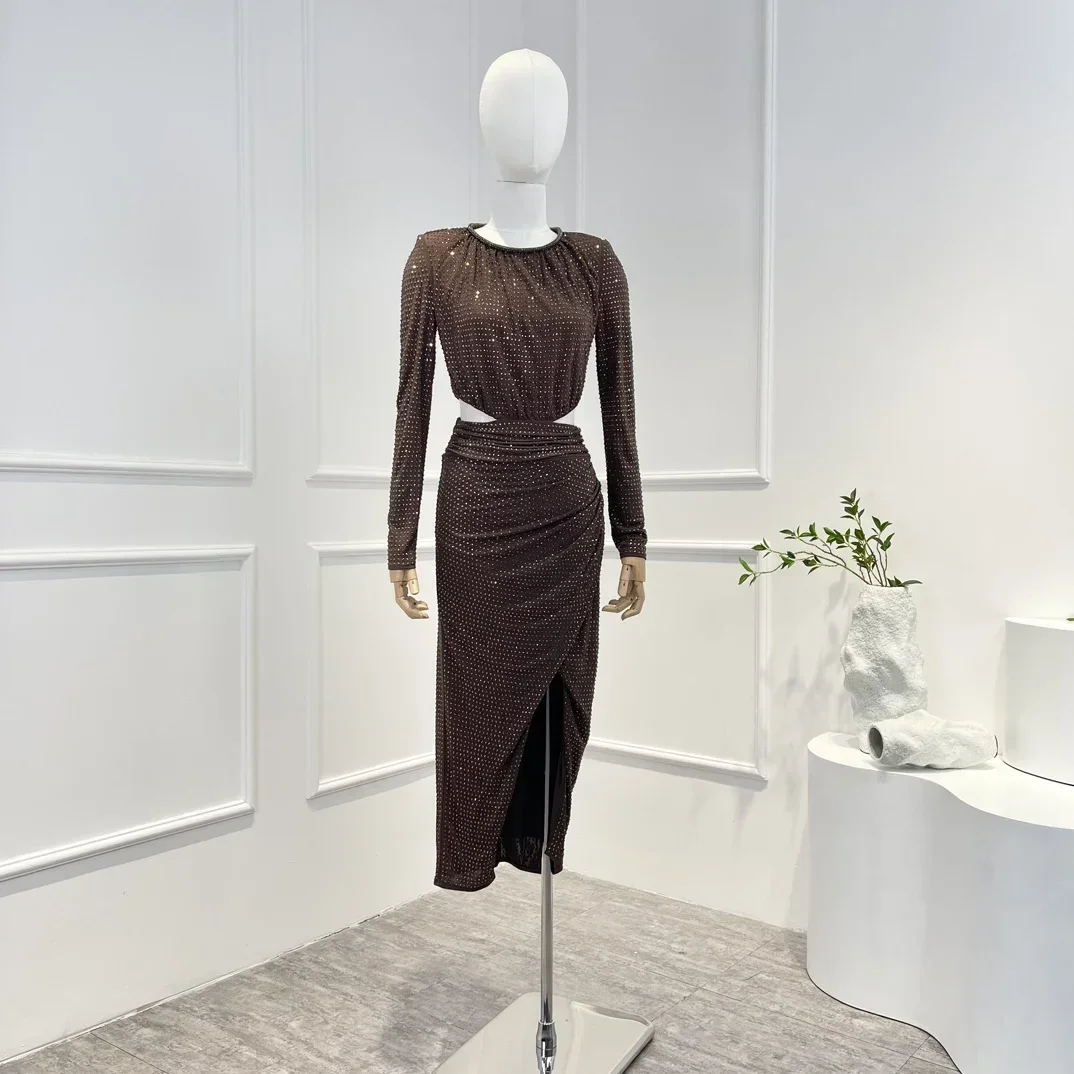 2022 New Collection Vintage Coffee Brown Slim Fit Cut Out Long Sleeve Diamonds Midi Dress