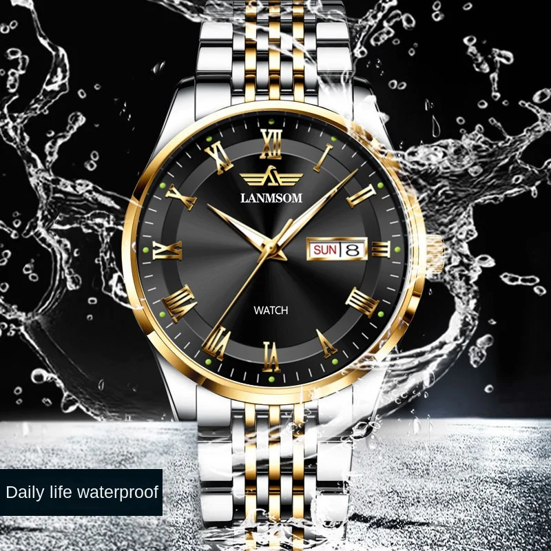 LANMSOM Classic Business Men's Watch Automatic Calendar Quartz Watch Roman Scale Clock Simple Waterproof Casual Men's Watch