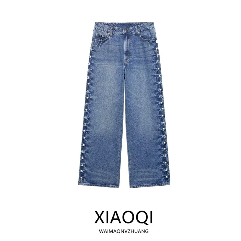 

Summer 2025 Women's Versatile Straight Leg Jeans Long Pants Metal Rivet Decorated Denim Pants High Waist Long Trousers