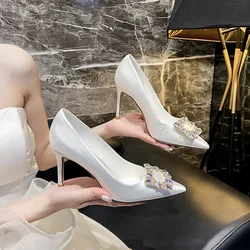 2024 New Satin White Crystal Diamonds Large Heels Dress Bridal Wedding Shoes