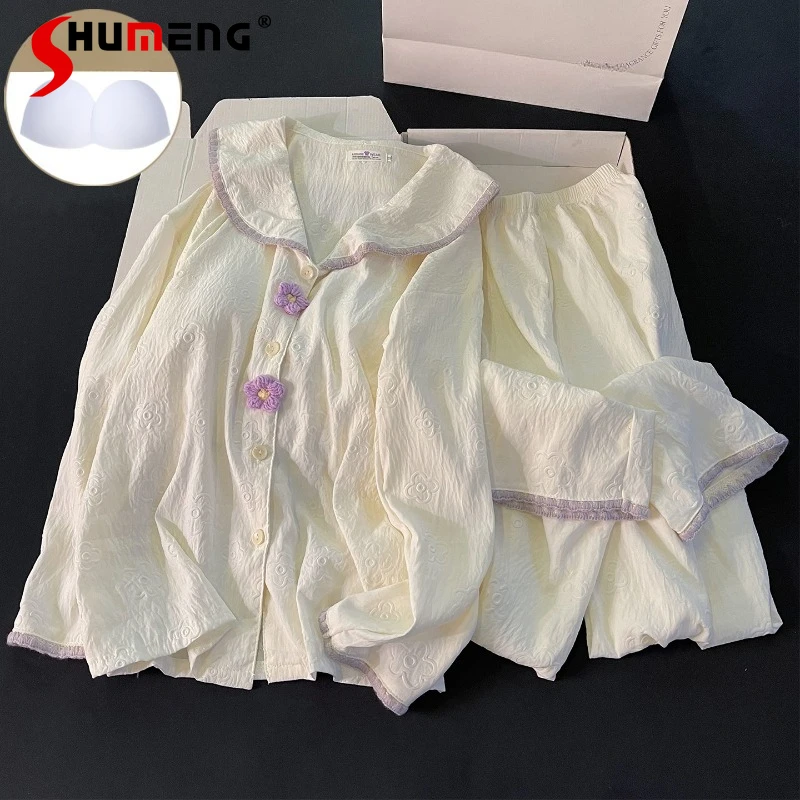 

Sweet Purple Floral Pajamas with Chest Pads for Women Spring Autumn Pure Cotton Simple Homewear Set Female Japanese Sleepwear