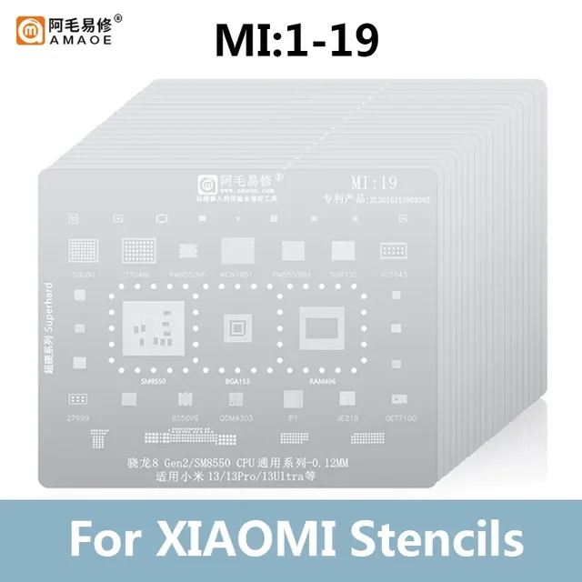 Amaoe MI 1-19 BGA Reballing Solder Stencil Plant Tin Net dla Xiaomi 13 12/11/10 ultra Redmi K20 K30/Pro Note CPU MI 8/9/10/11 IC