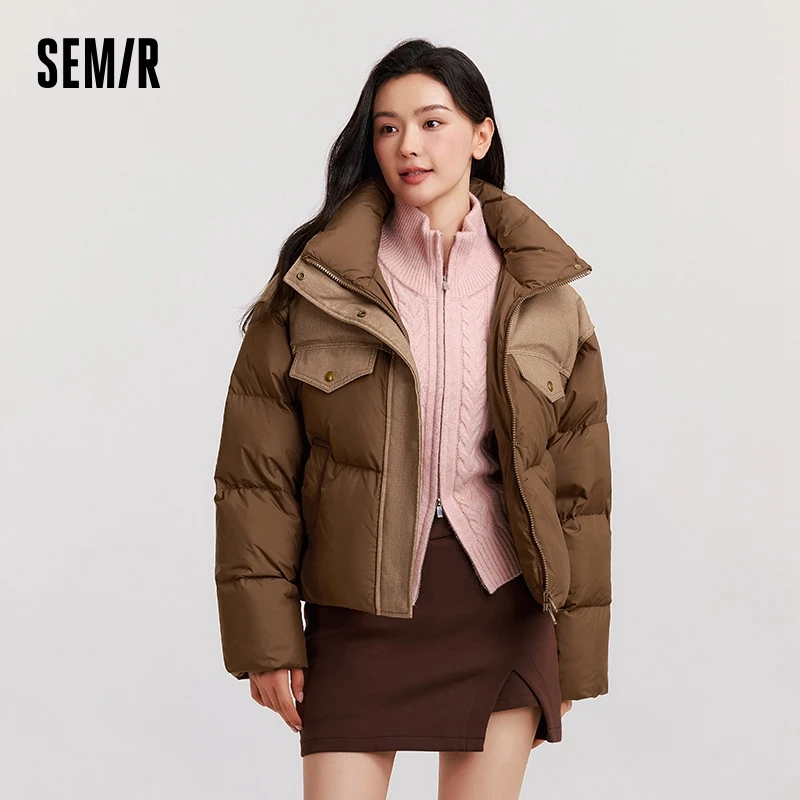 Semir Down Jacket Women Waterproof Spliced Oversize Stand-Up Collar 2024 New Winter Outerwear Trendy and Cool