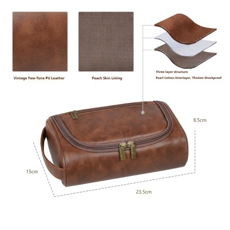 European Retro PU Men Toiletry Bag Fashion Trendy Premium Handheld Cosmetic Bag Waterproof Dustproof Portable Travel Makeup Bag
