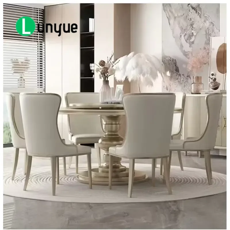 French Champagne Gold Marble Dining Table Luxury Handmade Curved Round Large Villa Apartment Restaurant Furniture