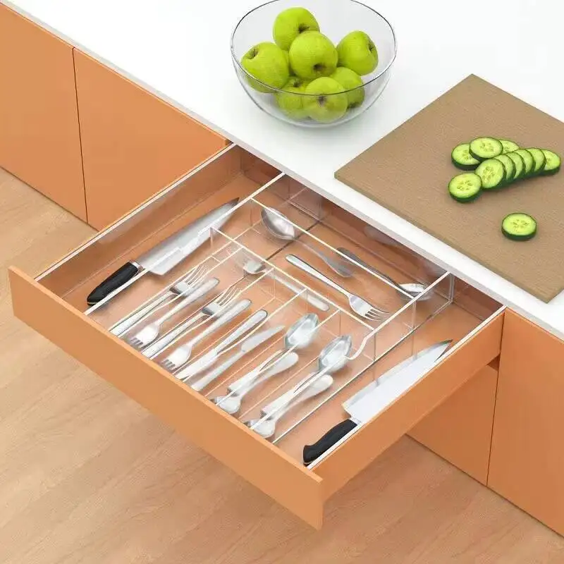 

Expandable Drawer Organizer, Adjustable Kitchen & Cosmetic Storage Box, Transparent Acrylic Divider Tray for Utensil Makeup