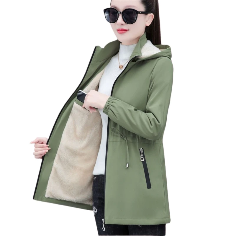 

Windbreaker Jacket Mother's spring and autumn Velvet Mid-Long Trench Winter Coat Thicken Warm Women's Outcoat Hooded Coat Parka