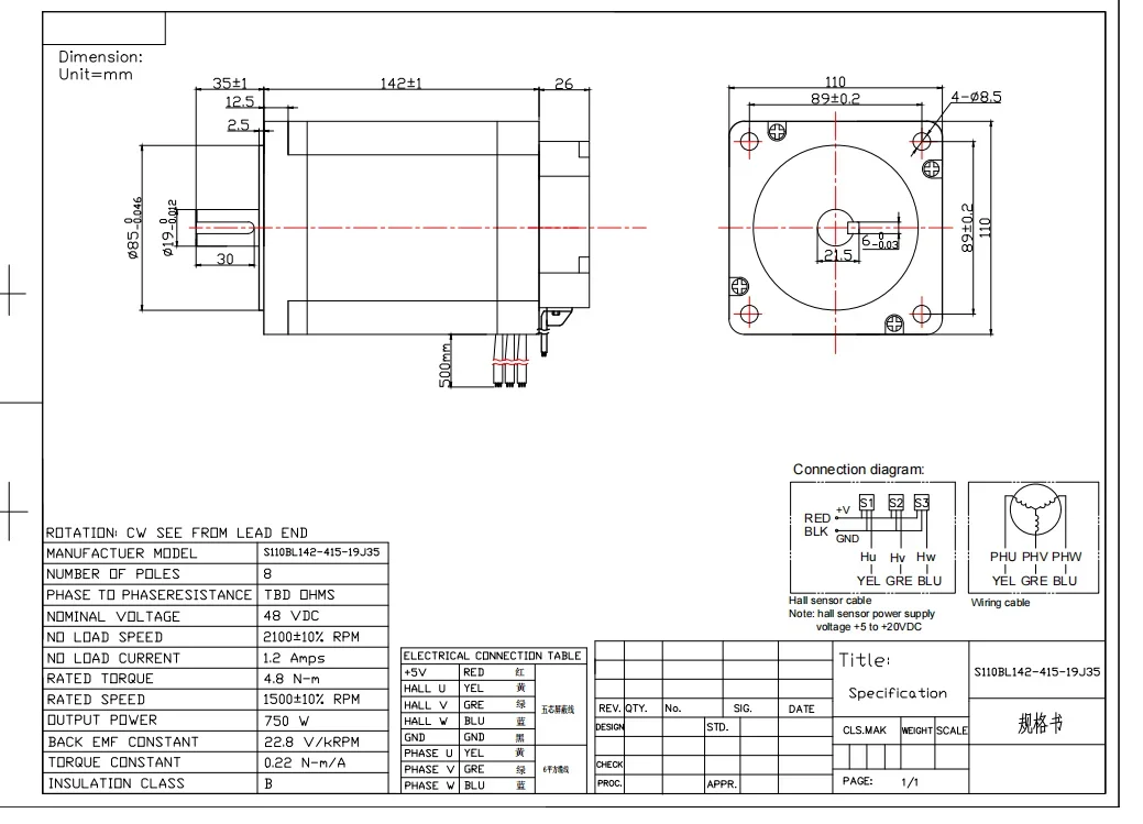 Motor sin escobillas CC de 110 mm con sensor Hall 48 VCC 4.8 N.m 750 W 1500 rpm