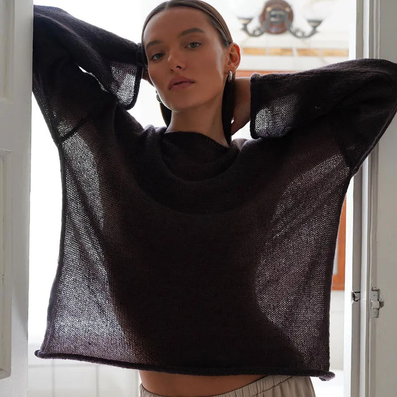 Spring Summer Thin White Brown Hollow Loose Pullover Tops Sexy Spicy Girl O Neck Flared Sleeve Knitted T-shirt Women MY0106