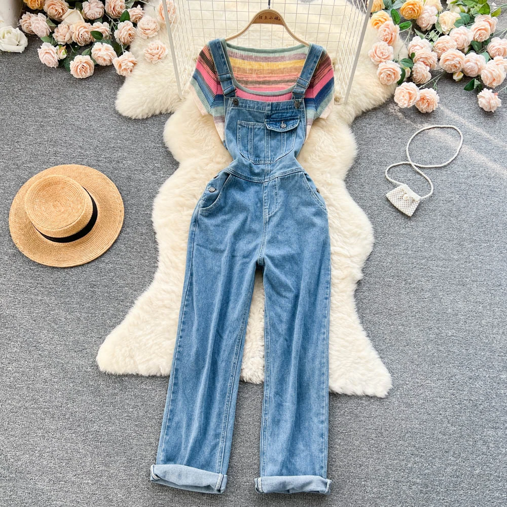 

Women Suspenders Denim Pants Suit Summer Elastic Slim Striped T-shirt+High Waist Overalls Jeans 2Pcs Female Loose Jumpsuit Sets