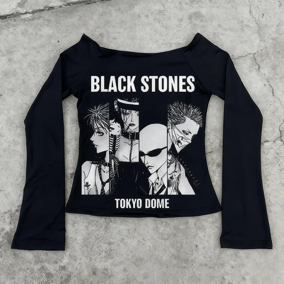 Women Y2K Black Off Shoulder Long Sleeve Top Anime Band Print Slim Flare Sleeve Shirt